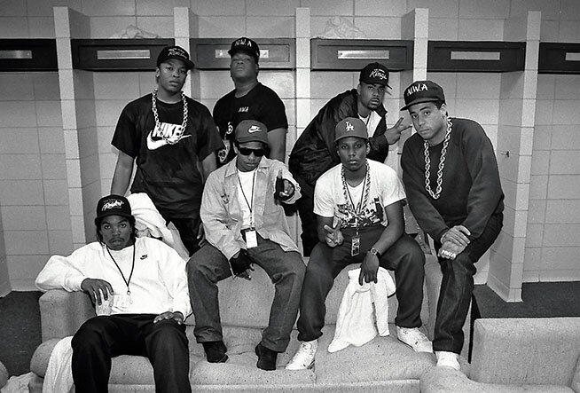 N.W.A. (back) Dr. Dre, Laylaw from Above The Law, The D.O.C. (front) Ice Cube, Eazy-E., MC Ren and DJ Yella (Photo By Raymond Boyd/Michael Ochs Archives/Getty Images)